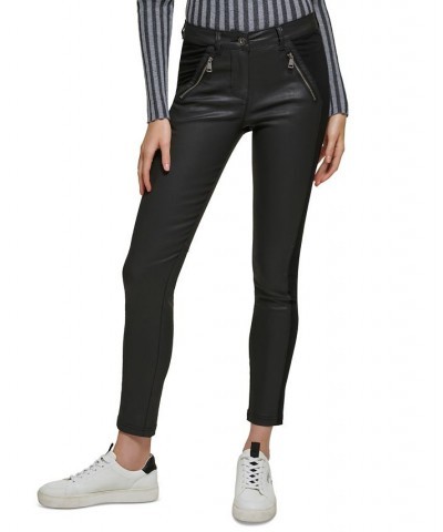 Women's Coated Mixed-Media Skinny Moto Pants Black $33.60 Pants