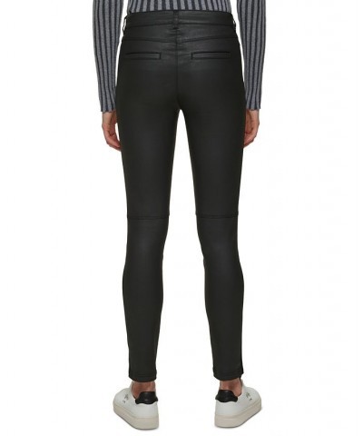 Women's Coated Mixed-Media Skinny Moto Pants Black $33.60 Pants