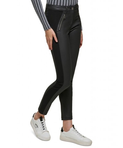 Women's Coated Mixed-Media Skinny Moto Pants Black $33.60 Pants