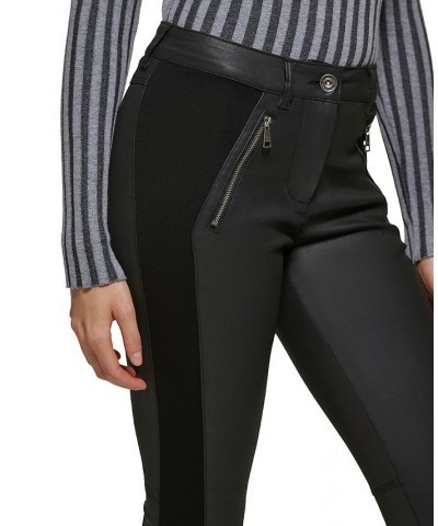 Women's Coated Mixed-Media Skinny Moto Pants Black $33.60 Pants