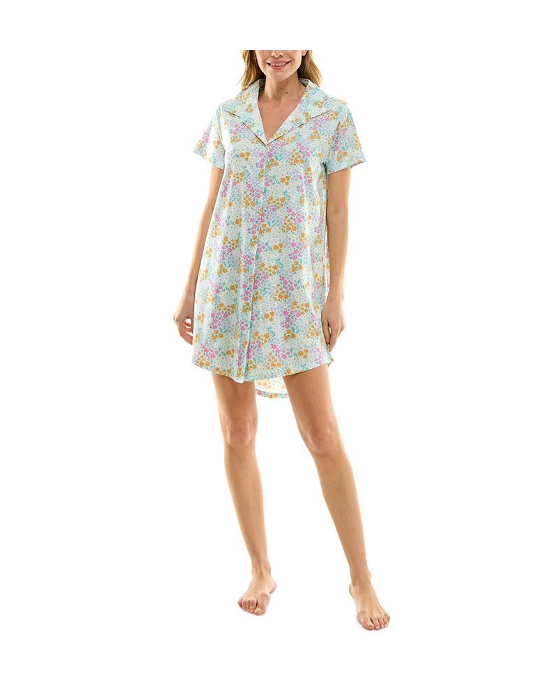 Women's Printed Collared Short-Sleeve Sleepshirt Blue $12.74 Sleepwear