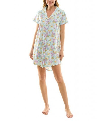 Women's Printed Collared Short-Sleeve Sleepshirt Blue $12.74 Sleepwear