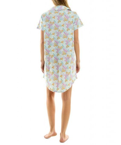 Women's Printed Collared Short-Sleeve Sleepshirt Blue $12.74 Sleepwear