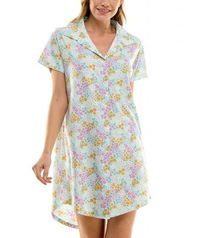 Women's Printed Collared Short-Sleeve Sleepshirt Blue $12.74 Sleepwear