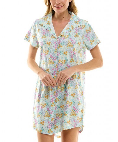 Women's Printed Collared Short-Sleeve Sleepshirt Blue $12.74 Sleepwear