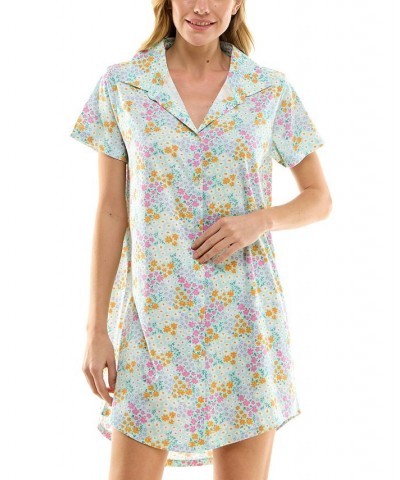 Women's Printed Collared Short-Sleeve Sleepshirt Blue $12.74 Sleepwear