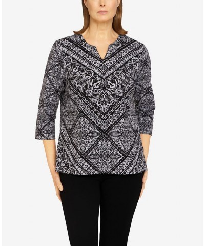 Petite Size Classics Medallion Chevron Knit Top Black $26.80 Tops