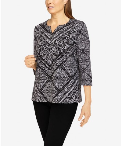 Petite Size Classics Medallion Chevron Knit Top Black $26.80 Tops