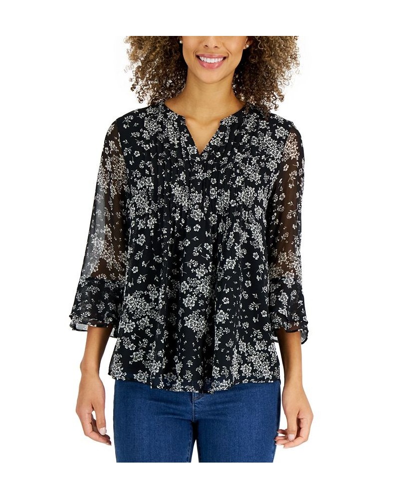 Women's Printed Pintuck Ruffled-Sleeve Top Black $26.85 Tops