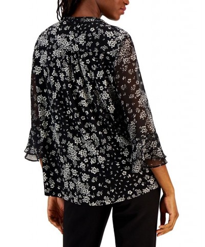 Women's Printed Pintuck Ruffled-Sleeve Top Black $26.85 Tops