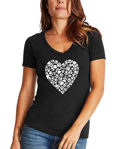 Women's Word Art Paw Prints Heart V-Neck T-Shirt Black $18.54 Tops