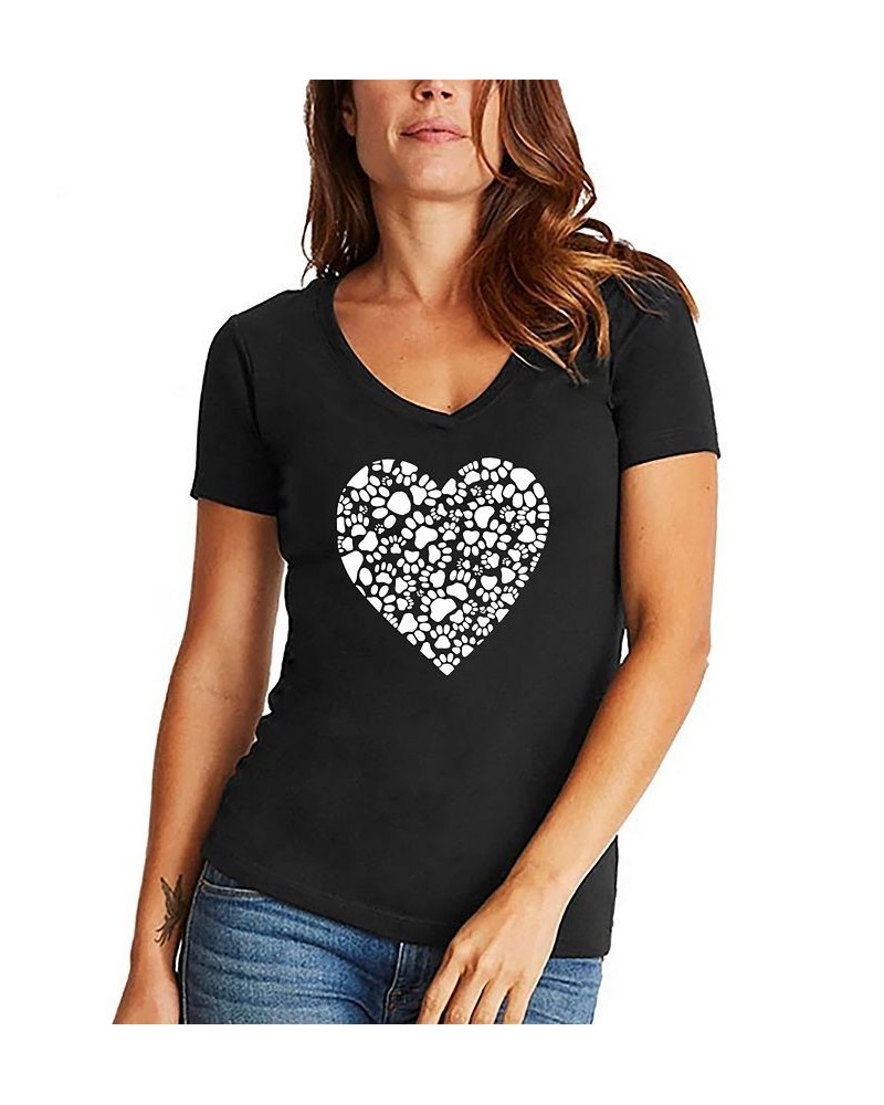 Women's Word Art Paw Prints Heart V-Neck T-Shirt Black $18.54 Tops