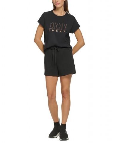 Women's Performance Cotton Crew-Neck Metallic-Logo T-Shirt Black $15.17 Tops