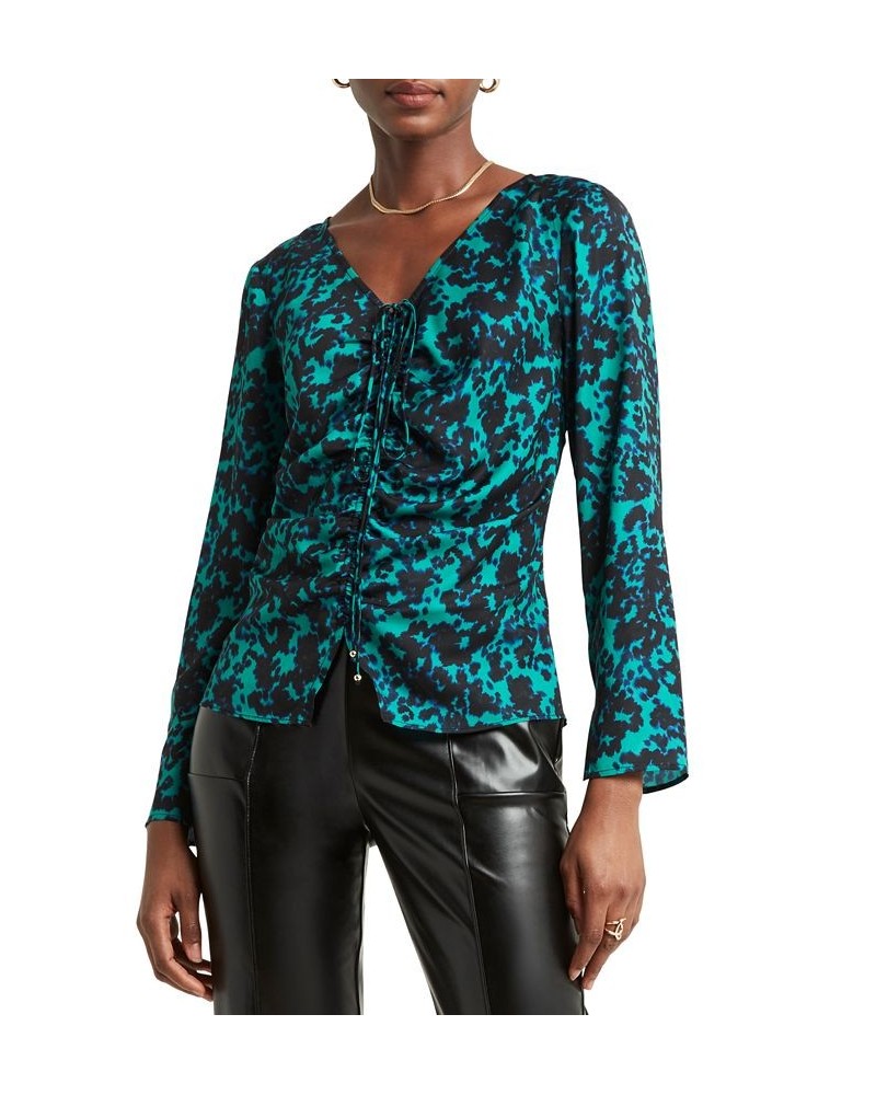 Women's V-Neck Ruched-Front Long-Sleeve Top Green $32.00 Tops