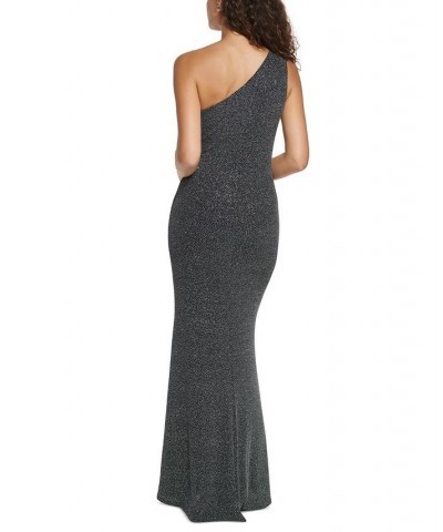 Women's One-Shoulder Glitter-Knit Gown Black Silver $47.52 Dresses