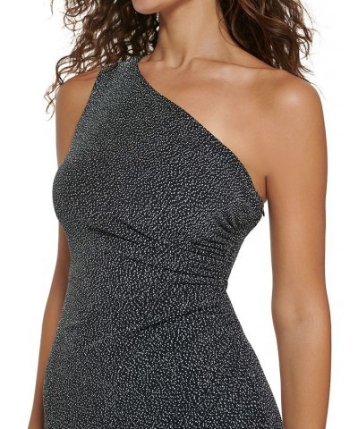 Women's One-Shoulder Glitter-Knit Gown Black Silver $47.52 Dresses